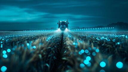 Tractor with attachments doing agricultural work in the grassland, farm machinery spraying pesticides on the green field, agricultural seasonal spring background