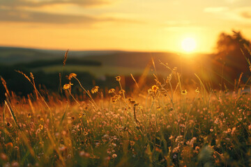 Wall Mural - Summer meadow at sunset with field plants, countryside seasonal landscape with sun shining