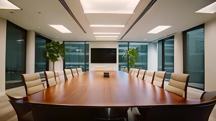 Poster - Modern Conference Room With Large Wooden Table and Chairs Generative AI