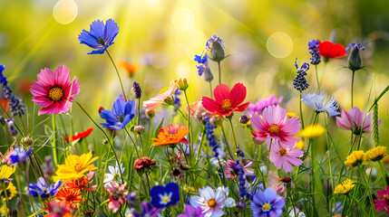 Wall Mural - Bright summer flowers bloom in a meadow against a blurred natural background.