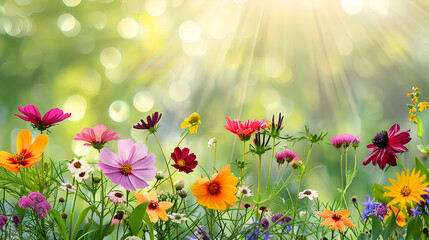 Wall Mural - Variety of summer wild flowers in the meadow against the blurred background. Environment concept. Copy space.