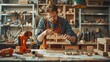 © fotofabrika - Man Carving Wood in Workshop Work Area