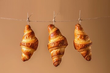 Wall Mural - Freshly baked croissants hanging on a string against a tan background