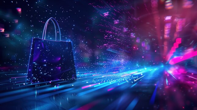 A futuristic digital illustration featuring a glowing shopping bag amidst vibrant neon lights and dynamic particle effects.