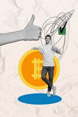 Poster - Vertical photo collage of happy businessman show thumb up gesture success deal bitcoin gold token crypto isolated on painted background