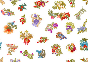 Wall Mural - Fantasy, alien flowers, decorative flowers and leaves. Cartoon style. Millefleurs trendy floral design. Seamless pattern, background. Vector illustration.