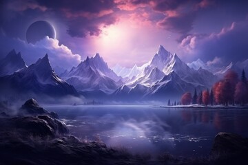 Wall Mural - Mountain lake in Himalayas at sunset, perfect reflection at sunrise, snowy mountains, hills, fog over the lake, AI generated