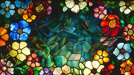 Wall Mural - Colorful flowers stained glass wallpaper background