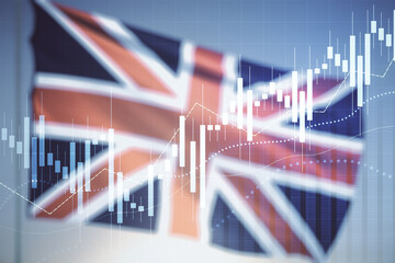 Poster - Multi exposure of virtual abstract financial graph interface on British flag and sunset sky background, financial and trading concept