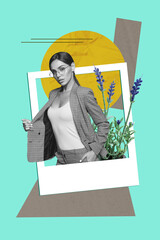 Poster - Vertical photo collage of serious sexy girl show new suit instagram post flower bloom woman day greeting isolated on painted background