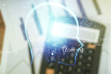 Aufkleber - Abstract virtual artificial Intelligence concept with human head sketch on blurry calculator and papers background. Double exposure