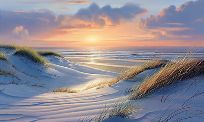 A serene beach scene with sand dunes and sea grass overlooking the ocean at sunset