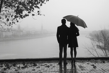 Poster - A couple standing under an umbrella by a river