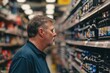 © Ilia Nesolenyi - A man browsing the auto parts aisle in a grocery store, examining items on the shelves