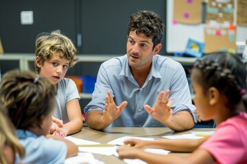 A man seated at a table engaging a group of children in a vibrant classroom setting