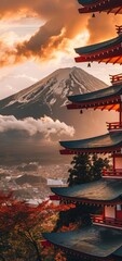 Wall Mural - closeup of Chureito colored temple with Mount Fuji in the background