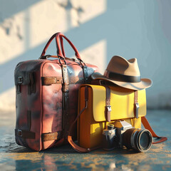 Wall Mural - Two classic style travel bags with some other travel gear. 3d low poly image travel concept.