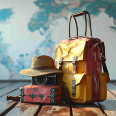 Wall Mural - Two classic style travel bags with some other travel gear. 3d low poly image travel concept.