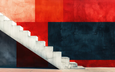 Striking contrast of a white staircase against red and blue textured walls