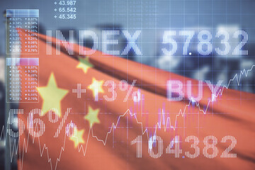 Poster - Abstract virtual financial graph hologram on flag of China and blurry cityscape background, forex and investment concept. Multiexposure
