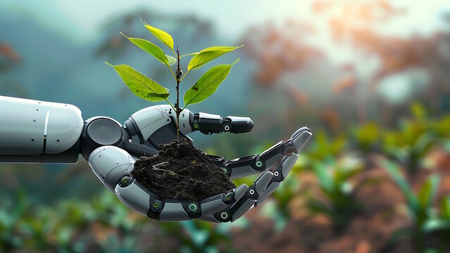 Robot hand holding plant. Artificial Intelligence Technology in Agriculture.