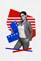 Poster - Vertical photo collage image young attractive businesswoman president election authorities usa america flag drawing background