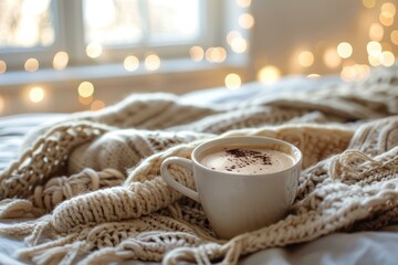 Sticker - Warm cup of coffee set against a knitted blanket and twinkling lights