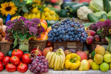 Wall Mural - A variety of fresh fruits and vegetables neatly arranged on a wooden table at a vibrant spring farmers market