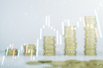 Poster - Multi exposure of virtual abstract financial graph interface on coins background, financial and trading concept