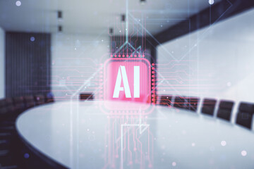 Poster - Creative artificial Intelligence symbol hologram on a modern coworking room background. Double exposure