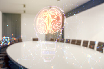 Aufkleber - Abstract virtual light bulb illustration with human brain on a modern coworking room background, future technology concept. Multiexposure
