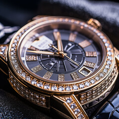 Man`s luxury wristwatch with diamonds closeup macro view