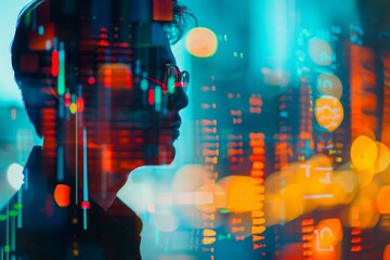 Silhouette of a person with technological data and code overlay, representing modern technology and digital industry.
