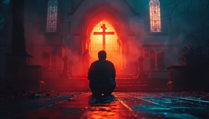 A man is kneeling in front of a church with a cross on the front by AI generated image