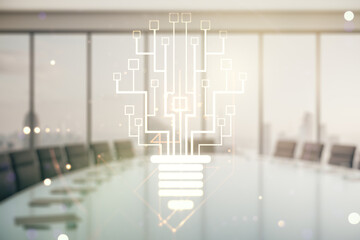 Poster - Virtual creative idea concept with light bulb and microcircuit illustration on a modern conference room background. Neural networks and machine learning concept. Multiexposure