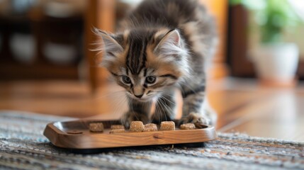 Poster - Fluffy kitten playing with a puzzle feeder, trying to get treats out, showcasing its intelligence and playful determination