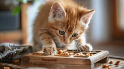 Poster - Fluffy kitten playing with a puzzle feeder, trying to get treats out, showcasing its intelligence and playful determination