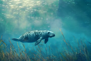 Poster - Graceful manatee swimming amidst sunlit water and ocean flora