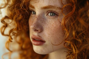 Poster - Highdetail portrait of a young woman showcasing her natural freckles and vibrant curly red hair