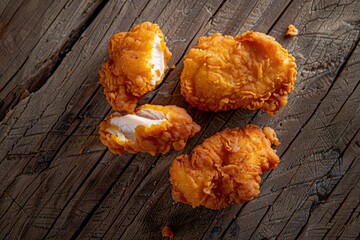 Wall Mural - Four crispy fried chicken pieces placed on a rustic wooden table