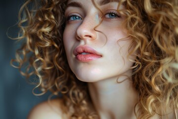 Poster - Closeup portrait of a beautiful young adult caucasian woman with curly hair. Gentle blue eyes. And a natural. Fresh. And healthy facial expression