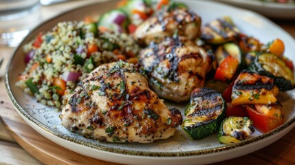 Canvas Print - Grilled chicken thigh steak marinated in lemon herb dressing, served with quinoa salad and grilled vegetables, offering a healthy and satisfying meal