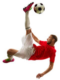 Banner. Professional soccer player looks confident in sportwear and boots kicking ball for goal in jump against transparent background. Concept of game, sport, recreation, active lifestyle.