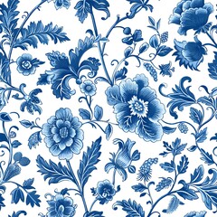 A blue and white floral pattern with a variety of flowers and leaves.