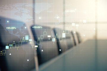 Poster - Abstract creative financial graph and world map on a modern coworking room background, financial and trading concept. Multiexposure