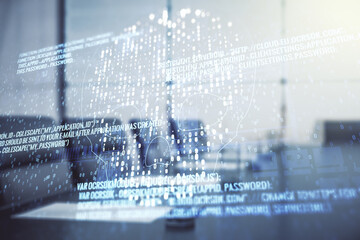 Poster - Abstract virtual code skull hologram on a modern coworking room background, cybercrime and hacking concept. Multiexposure
