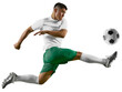 © Lustre Art Group  - Dynamic portrait of young man, professional soccer player make perfect pass in mid-air against transparent background. Concept of professionals sport, competition, tournament, energy, action. Ad
