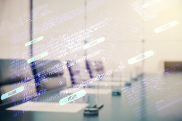 Poster - Double exposure of abstract creative programming illustration and world map on a modern boardroom background, big data and blockchain concept
