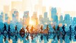 © Thanyaporn - Silhouettes of business professionals commuting to work, with figures walking, riding bicycles, and boarding public transport. The background includes elements of an urban environment, such as city