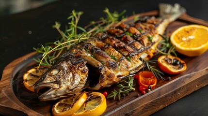 Wall Mural - Grilled whole fish served on a wooden platter with fresh herbs and citrus slices, showcasing the simplicity and elegance of grilled seafood cuisine